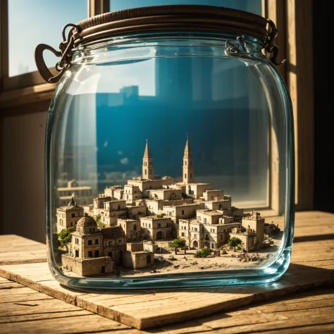 the whole city of matera tucked inside a square glass jar with lid, placing on the windowsill, extremely detailed, 8K, apocalypt...