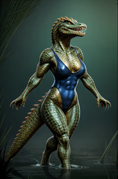 "Create a photorealistic 8K artwork showcasing a solo woman transformed into an anthro crocodile creature. Emphasize high detail and quality for a captivating and realistic portrayal.

The woman should have sharp teeth, reflecting her crocodile transformat...