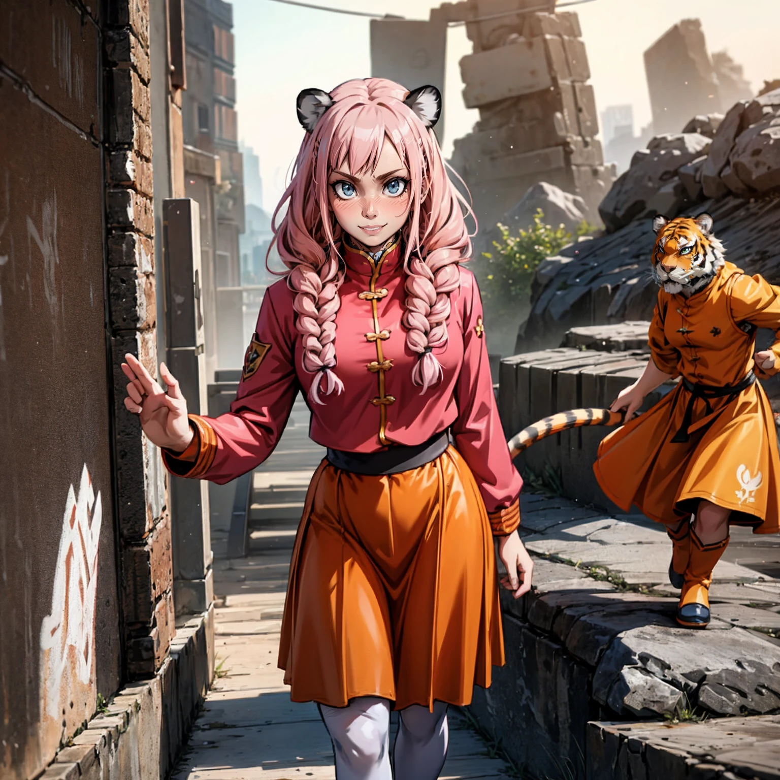 , tiger ears, tiger tails, martial art, medium chest, pink hair, skirt, jacket, godess,1girl,coat,walking, solo focus.1character, holy catholic mountain, smile, large skirt, long skirt, pullover, background ruins