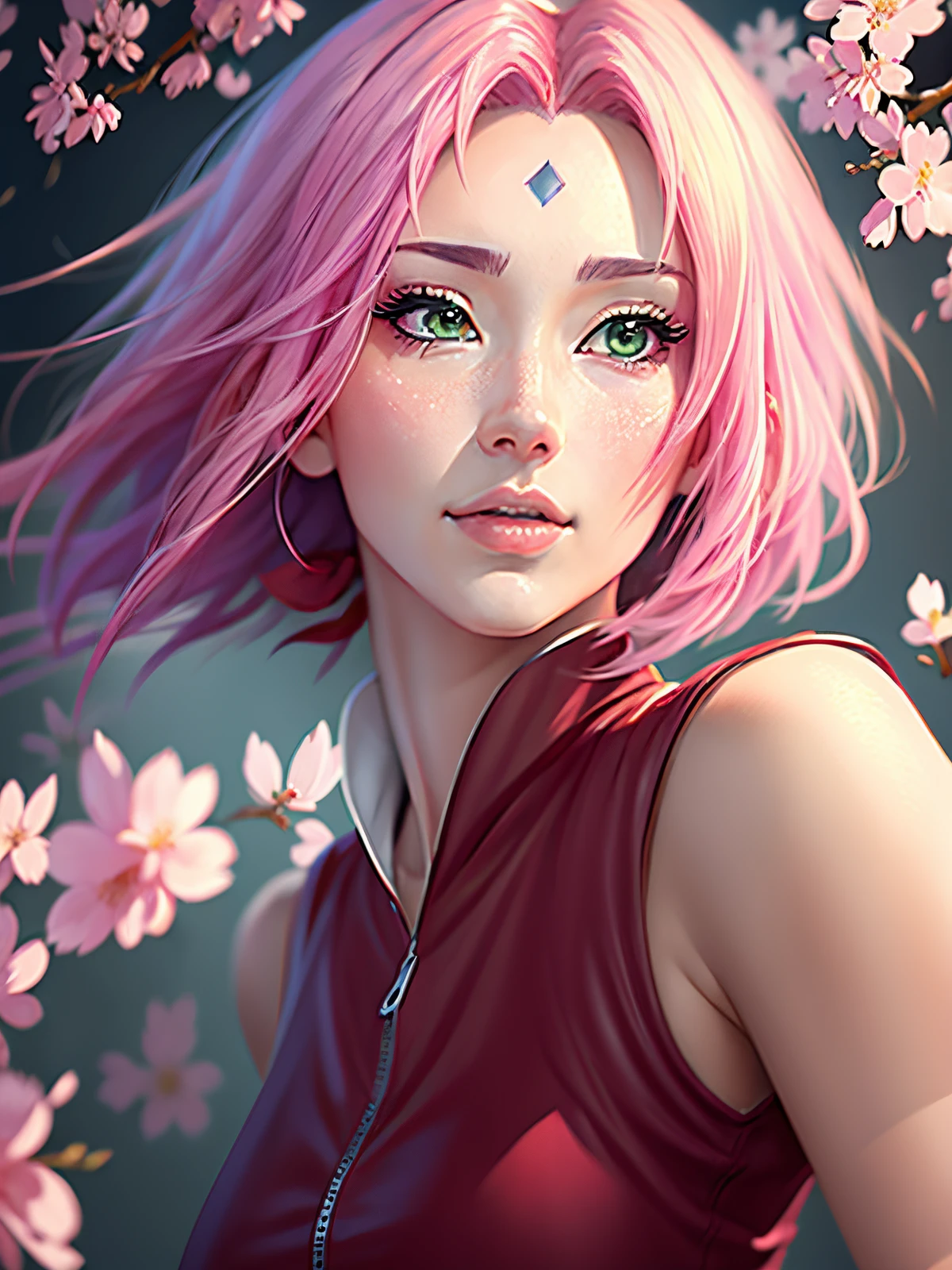 Sakura é linda e alta, com cabelo curto de anime, super realista e bem detalhado