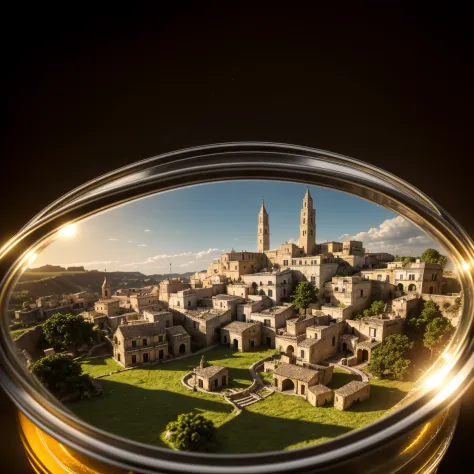 (An intricate whole mini-town of Matera tucked inside a square glass jar with lid, placing on the windowsill), atmospheric green...