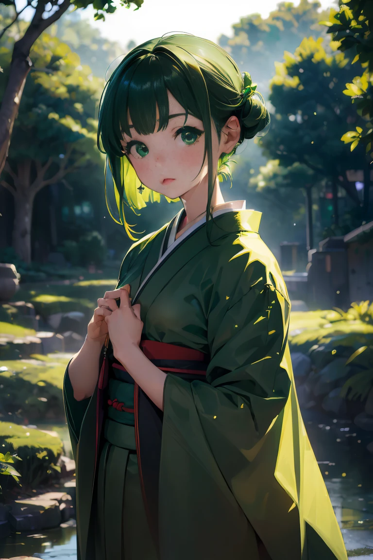 (((Green world:1.3)))、Best Quality, masutepiece, High resolution, (((1girl in))), sixteen years old,(((Eyes are green:1.3)))、Green kimono、((Dark green kimono)), Tindall Effect, Realistic, Shadow Studio,Ultramarine Lighting, dual-tone lighting, (High Detail Skins: 1.2)、Pale colored lighting、Dark lighting、 Digital SLR, Photo, High resolution, 4K, 8K, Background blur,Fade out beautifully、Green world