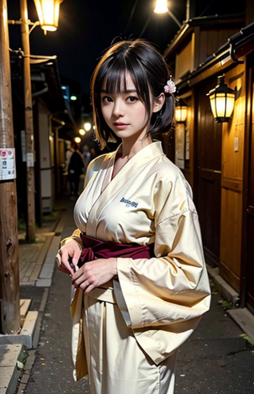 (Anime style, Realistic drawing, High quality, Detailed, masutepiece), young japanese girl (1girl in), (Kimono clothing, 1880s fashion), Black hair, (Traditional wooden architecture, tokyo streets), (lanthanum, cherryblossom), (Dynamic Angle, mid-shot), shodo (embedded), (Dusk, streetlights), (Warm color palette, the golden hour)