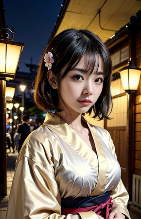 (Anime style, Realistic drawing, High quality, Detailed, masutepiece), young japanese girl (1girl in), (Kimono clothing, 1880s fashion), Black hair, (Traditional wooden architecture, tokyo streets), (lanthanum, cherryblossom), (Dynamic Angle, mid-shot), shodo (embedded), (Dusk, streetlights), (Warm color palette, the golden hour)