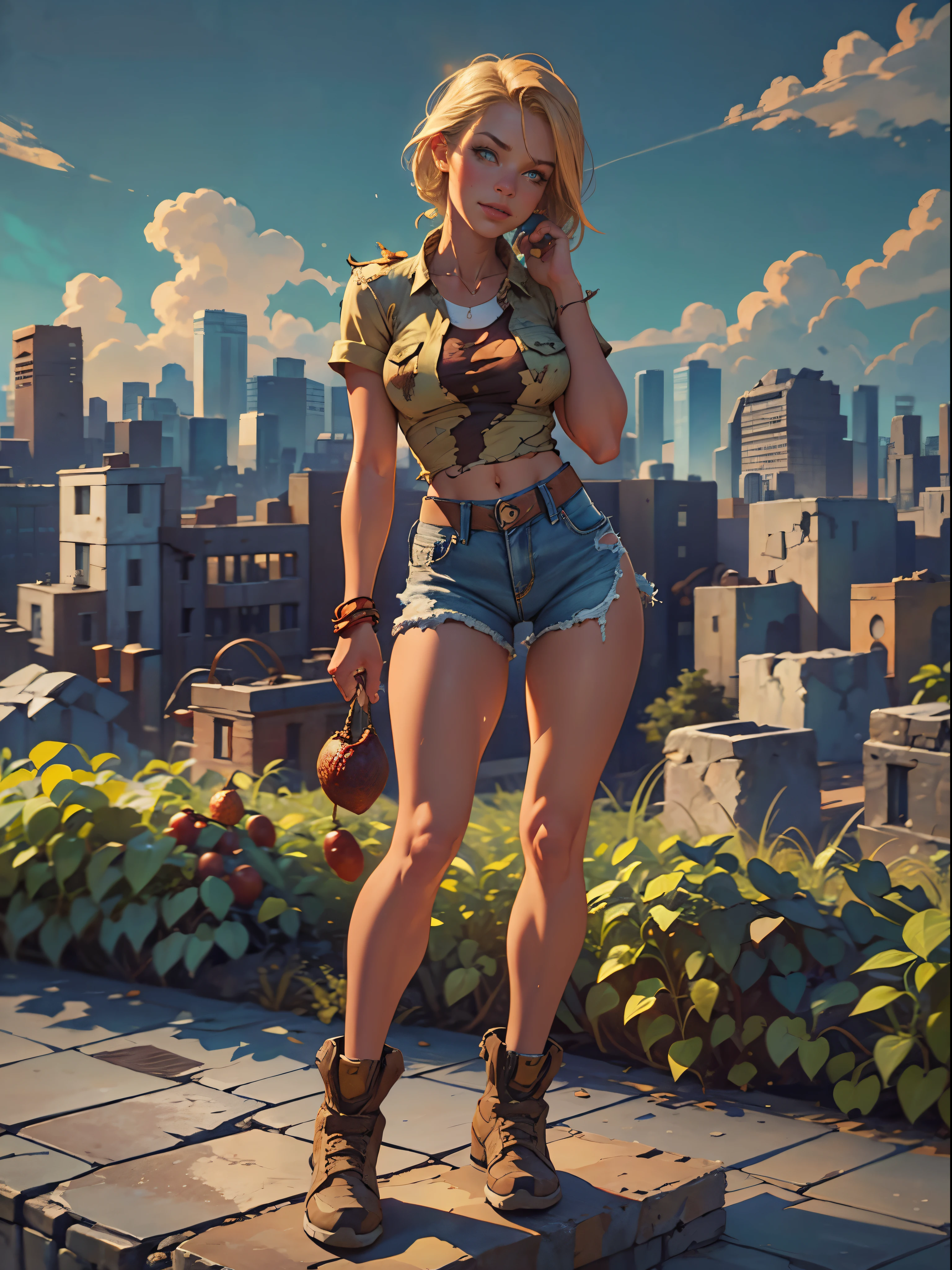 2076 year. The Urban Ruins of the Wasteland, Female huntress picking fruit in the garden, beautiful face, blonde, badly torn shirt and denim shorts ,  long legs, sweating through, sun rising, Nice warm colors, head to toe full body shot