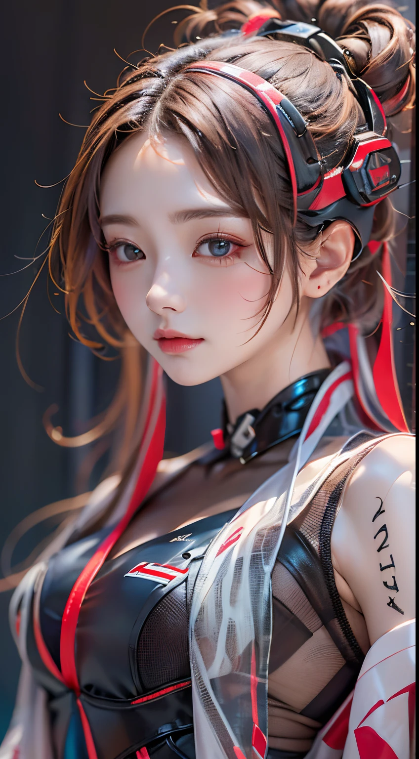 ​masterpiece, 1 beautiful girl, Detailed eye, Swollen eyes, top-quality, 超A high resolution, (reality: 1.4), 电影灯光, japanes, a asian beauty, very extremely beautiful, Beautiful skins, A slender, Forward-facing body, (A hyper-realistic), (hight resolution), (8K), (ighly detailed), ( Best Illustration), (beautifully detailed eyes), (ultra-detailliert), 详细的脸, Bright lighting, Professional Lighting、The background is a cyberpunk room with a large number of monitors..、The cord is connected from the costume、Hair color is red、headset on head、small tattoo on face、Female Game Commentator