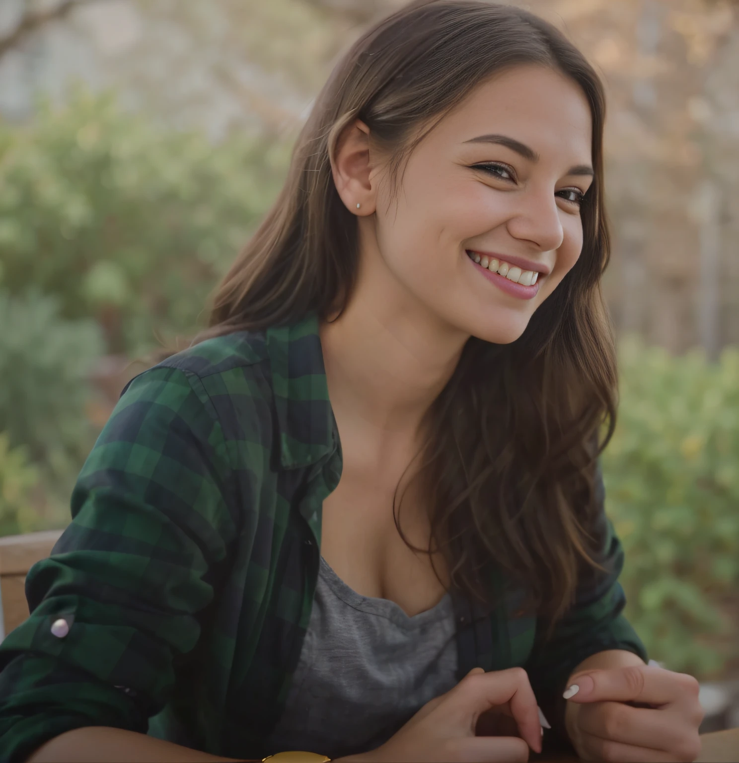 smiling woman in plaid shirt sitting at table , she is smiling, attractive girl, beautiful and smiling, radiant smile. ultra wide shot, choke smirk smile grin, pretty smile, she is smiling and happy, slight cute smile, smiling sweetly, music video, smiling young woman, subtle smile, lovely smile