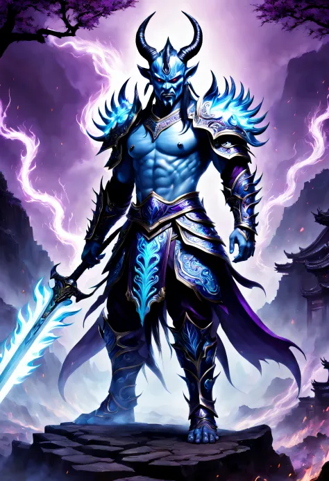 Best quality，ultradetailed，realistically：1.37，Chinese mythology，asuras，King of Devils，terrible death，light blue colored skin，dark piercing eyes，sword in hands，has horns on its head，heavy muscular figure，elegant armor，delicate patterns，Glowing aura，Surround...