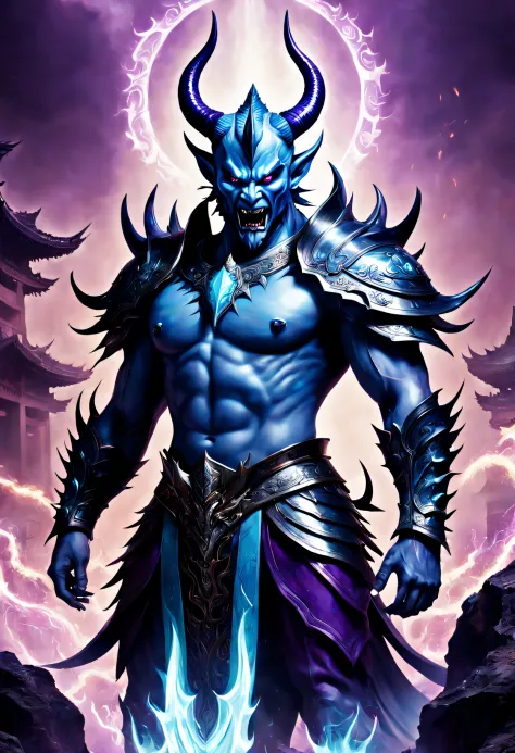 Best quality，ultradetailed，realistically：1.37，Chinese mythology，asuras，King of Devils，terrible death，light blue colored skin，dark piercing eyes，sword in hands，has horns on its head，heavy muscular figure，elegant armor，(demonic wings)，delicate patterns，Glowi...