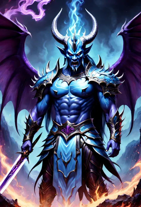 Best quality，ultradetailed，realistically：1.37，Chinese mythology，asuras，King of Devils，terrible death，light blue colored skin，dark piercing eyes，sword in hands，has horns on its head，heavy muscular figure，elegant armor，(demonic wings)，delicate patterns，Glowi...