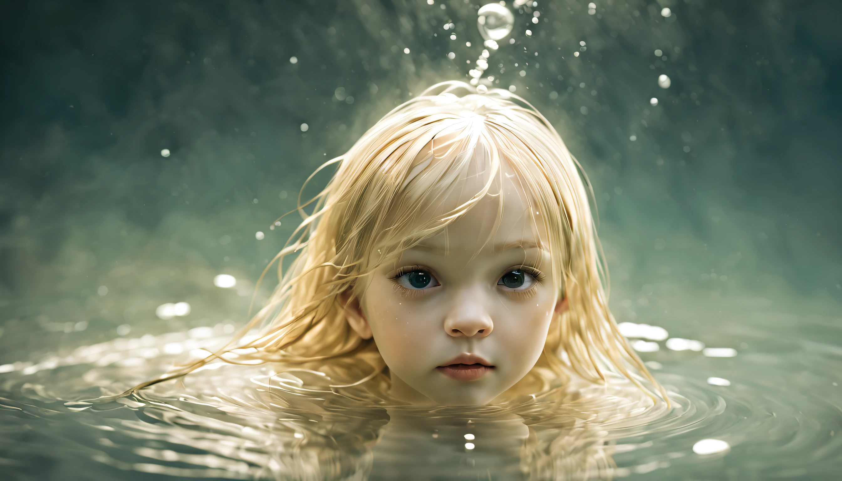 (master part, high qualiy, best qualityer, offcial art, Beauty and Aesthetics:1.2),water element, girl kids made of water,1 KIDS blonde long hair ,water,Realistic,reality,((Translucent luminous body)),headline_don,