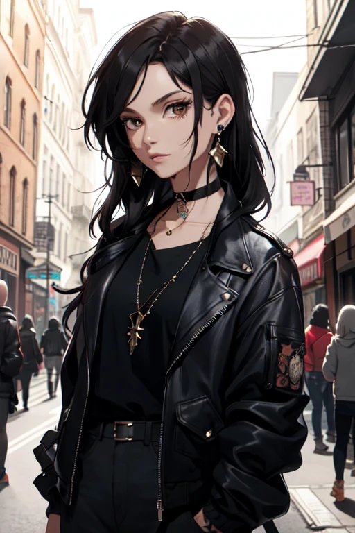 (masterpiece:1.2, best quality), (1lady, solo, upper body:1.2),Tenten, black hair, long hair, tattoos, jacket, earrings, choker, necklace, Hanging out in an underground music venue or street art exhibit