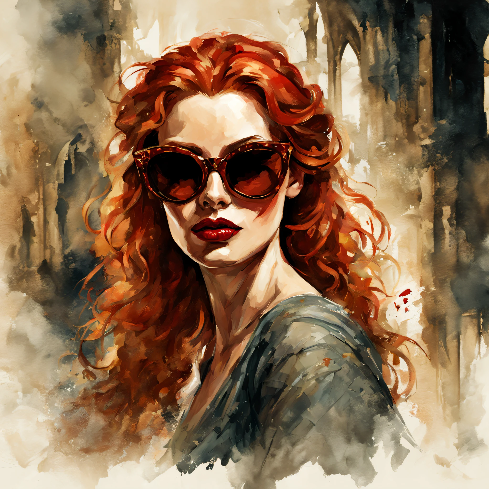 a beautiful red-haired woman with red lipstick and sunglasses, com estilo expressionista, medieval, estilo de ilustrador feito por Lee Bermejo, no meio da jornada, 8k.