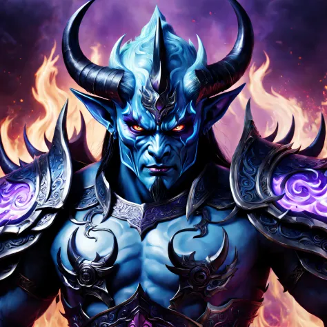 Best quality，ultradetailed，realistically：1.37，Chinese mythology，asuras，King of Devils，terrible death，light blue colored skin，dark piercing eyes，has horns on its head，heavy muscular figure，elegant armor，(demonic wings)，delicate patterns，Glowing aura，Surroun...
