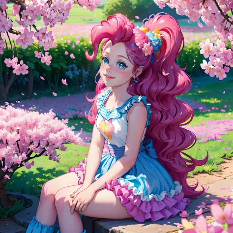 my little pony pinkie pie, pinkie pie, pinkie pie in the form of a girl, long dark pink hair, blue eyes, long pink and blue fril...