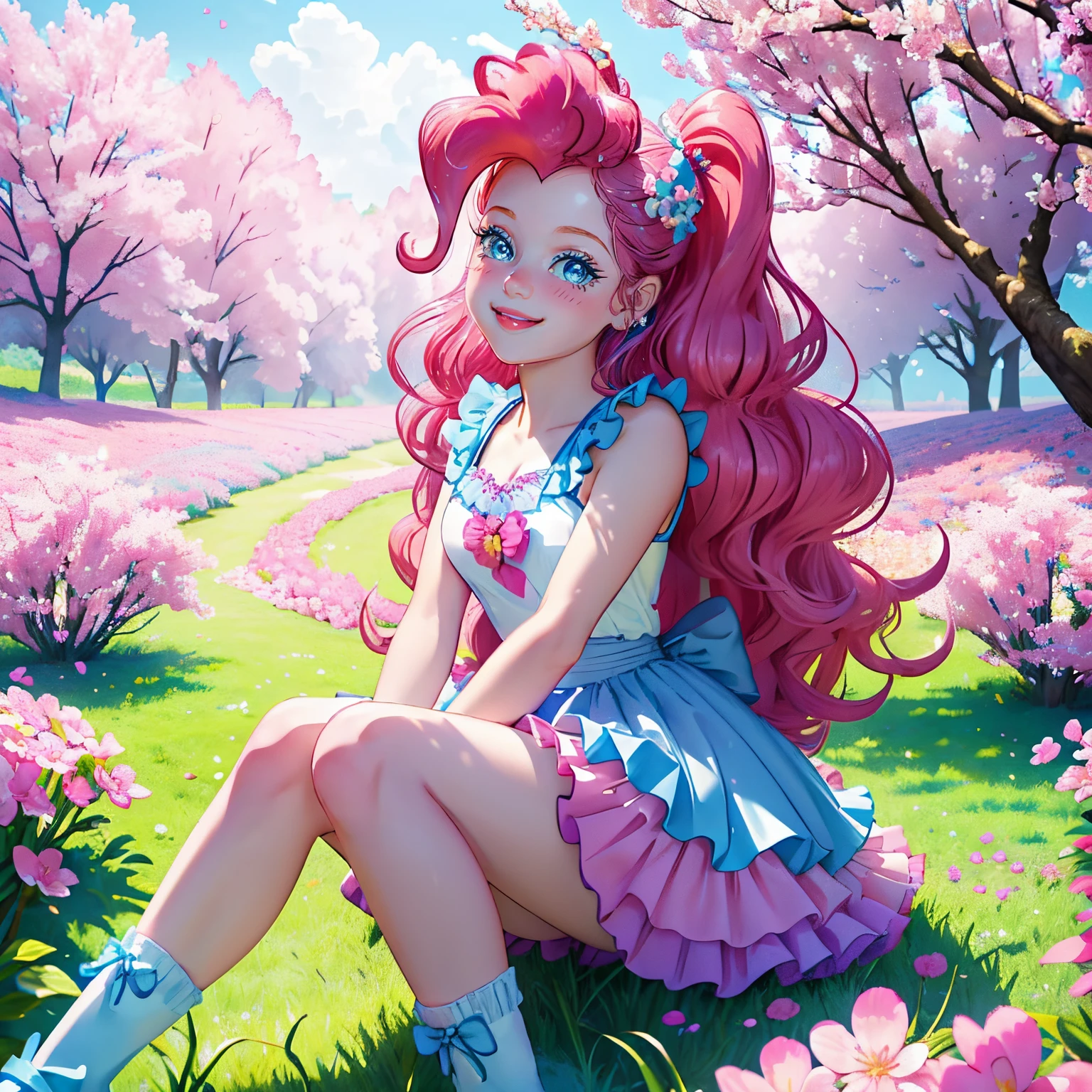 My little pony pinkie pie, pinkie pie, pinkie pie in the form of a girl, long dark pink hair, blue eyes, long pink and blue frilly dress, white frilly thigh high, small pink heels, blue sky, pink clouds, ((sitting in a pink and blue flower field)), staring at viewers, (light pink skin 1.5), soft blush, happy smile, soft smile, holding flowers, blue balloons flying everywhere, ((sunrise 1.0)), highly detailed lighting, yellow light, in a beautiful flower field, pink and blue flowers everywhere, blue eyeshadow (( BLUE EYES 2.0 )), flowers everywhere, SITTING UNDER A TREE HOLDING FLOWERS, pink skin, bubbles and ballon all around, cherry blossoms trees everywhere, in a cherry blossom forest, ( ultra realistic nature highly detailed cherry tress 4k ), extremely long beautiful hair, holding so much flowers