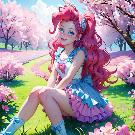 My little pony pinkie pie, pinkie pie, pinkie pie in the form of a girl, long dark pink hair, blue eyes, long pink and blue fril...