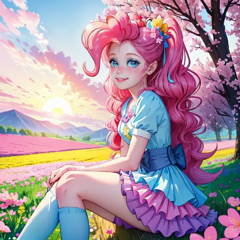 My little pony pinkie pie, pinkie pie, pinkie pie in the form of a girl, long dark pink hair, blue eyes, long pink and blue fril...