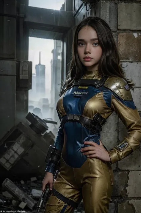 13 year old girl wearing (vaultsuit with pipboy3000 on wrist) standing in a ruined city, holding a large fallout weapon, giant s...