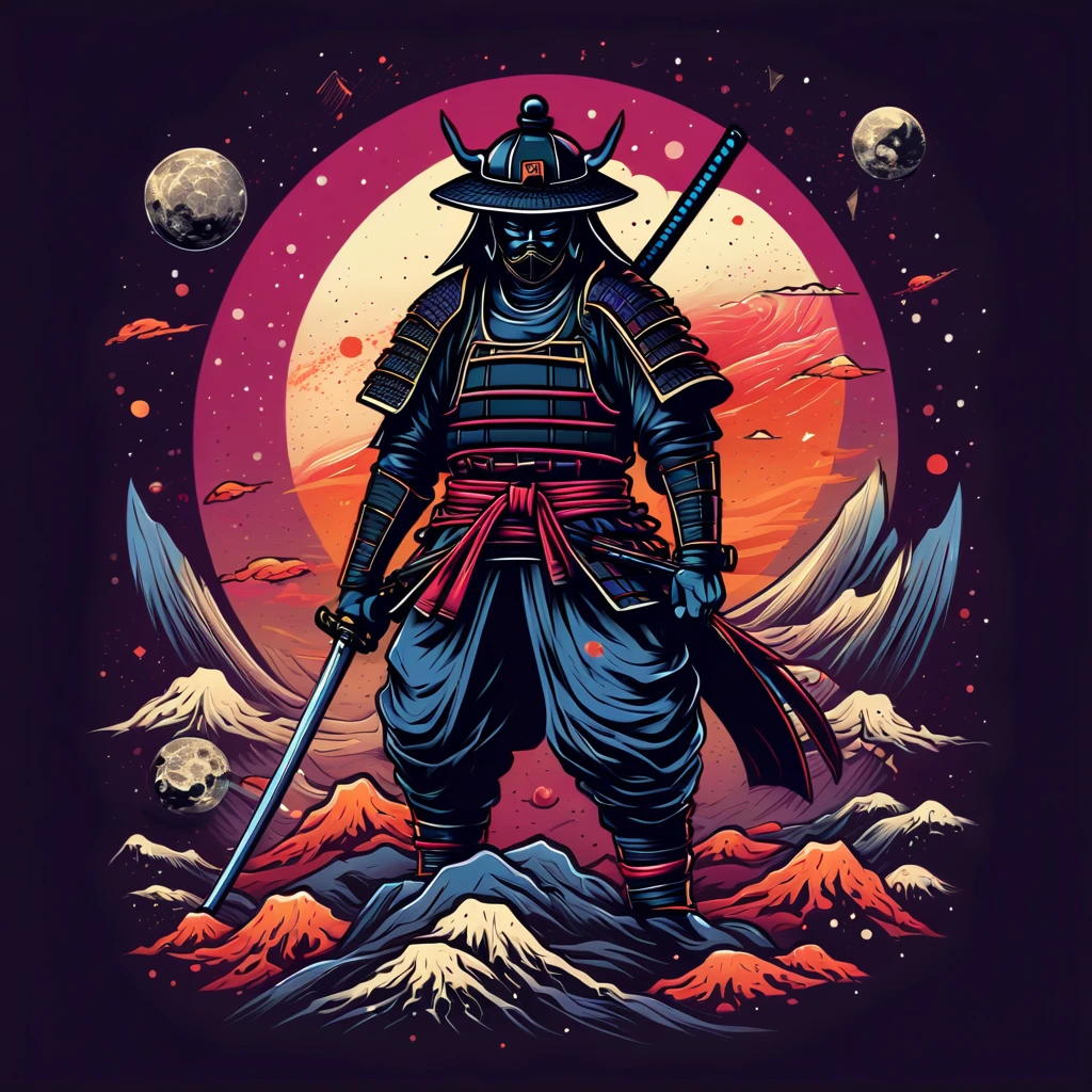 Dark samurai with lots of details. Lost in the galaxy background, t-shirt design, urban clothing design, professional vector, Japanese style, full design, only 2 colors, solid color, no shadows, full design, warm colors, bright color stickers, Standing on top of a pile of 1000 dead bodies.