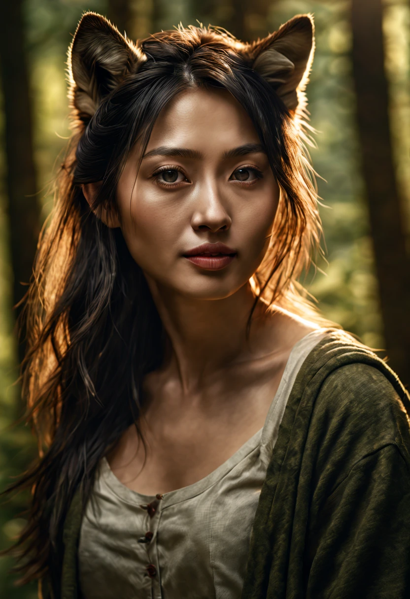 (bestquality,10,10,highres,masterpiece:1.2),ultra-detail,(Realistic,photorealistic portrait,photo-realistic:1.37), The 23-year-old, her signature Asian identity, embraces the gray wolf. Standing in the bright green forest has a soft focus Sunlight is dappled, filtering through the dense trees. Emphasize the texture of the wolf&#39;s fur. Warm interactions between characters Fairytale atmosphere tested by alex1shved , very realistic, Bloodshot skin, pretty, Mouth full, smirk, feeling light and happy, Hyperrealism, Very fine skin, stare directly, by alex1shved