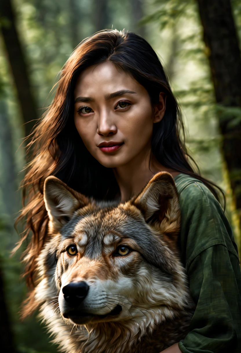 (bestquality,10,10,highres,masterpiece:1.2),ultra-detail,(Realistic,photorealistic portrait,photo-realistic:1.37), The 23-year-old, her signature Asian identity, embraces the gray wolf. Standing in the bright green forest has a soft focus Sunlight is dappled, filtering through the dense trees. Emphasize the texture of the wolf&#39;s fur. Warm interactions between characters Fairytale atmosphere tested by alex1shved , very realistic, Bloodshot skin, pretty, Mouth full, smirk, feeling light and happy, Hyperrealism, Very fine skin, stare directly, by alex1shved