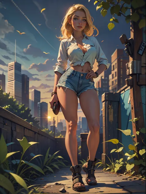 2076 year. The Urban Ruins of the Wasteland, Female huntress picking fruit in the garden, beautiful face, blonde, badly torn shi...