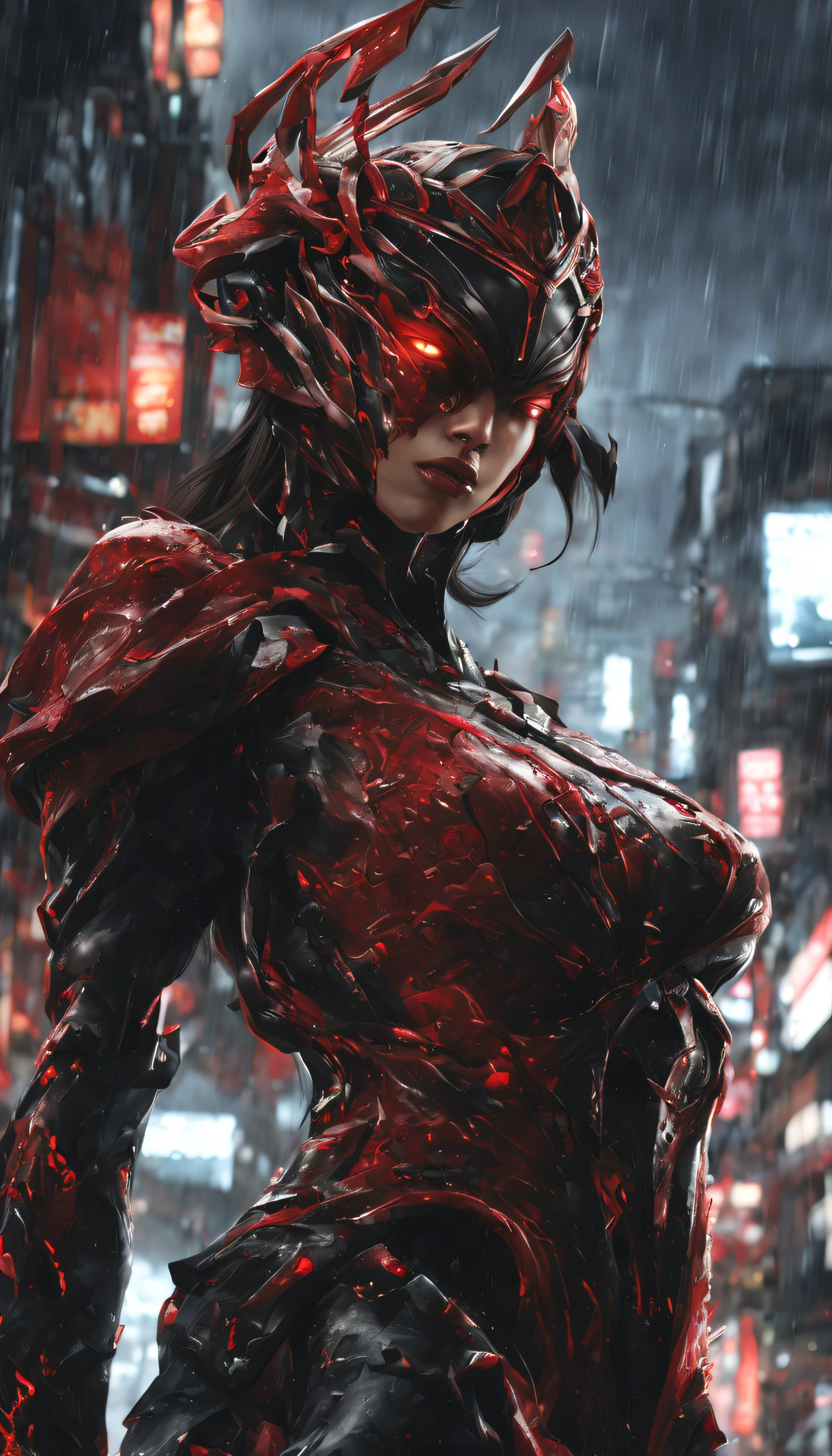 1 japanese girl, WARFRAME, intricate pattern, heavy metal, energy lines, face, glowing eyes, elegant, intense, blood red and black uniform, solo, modern, city, streets, dark clouds, thunderstorm, heavy rain,, dramatic lighting,, (masterpiece:1.2), best quality, high resolution, beautiful detailed, extremely detailed, perfect lighting,