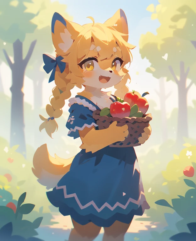 1girl, solo, twintail, twin braids, bow, apple, :d, looking at viewer, holding basket of apples, (blue dress), yellow hair, outdoors, cowboy shot,, (best quality, masterpiece, illustration, ultra-detailed:1.3), (uploaded on e621, furry, anthro, kemono:1.3)