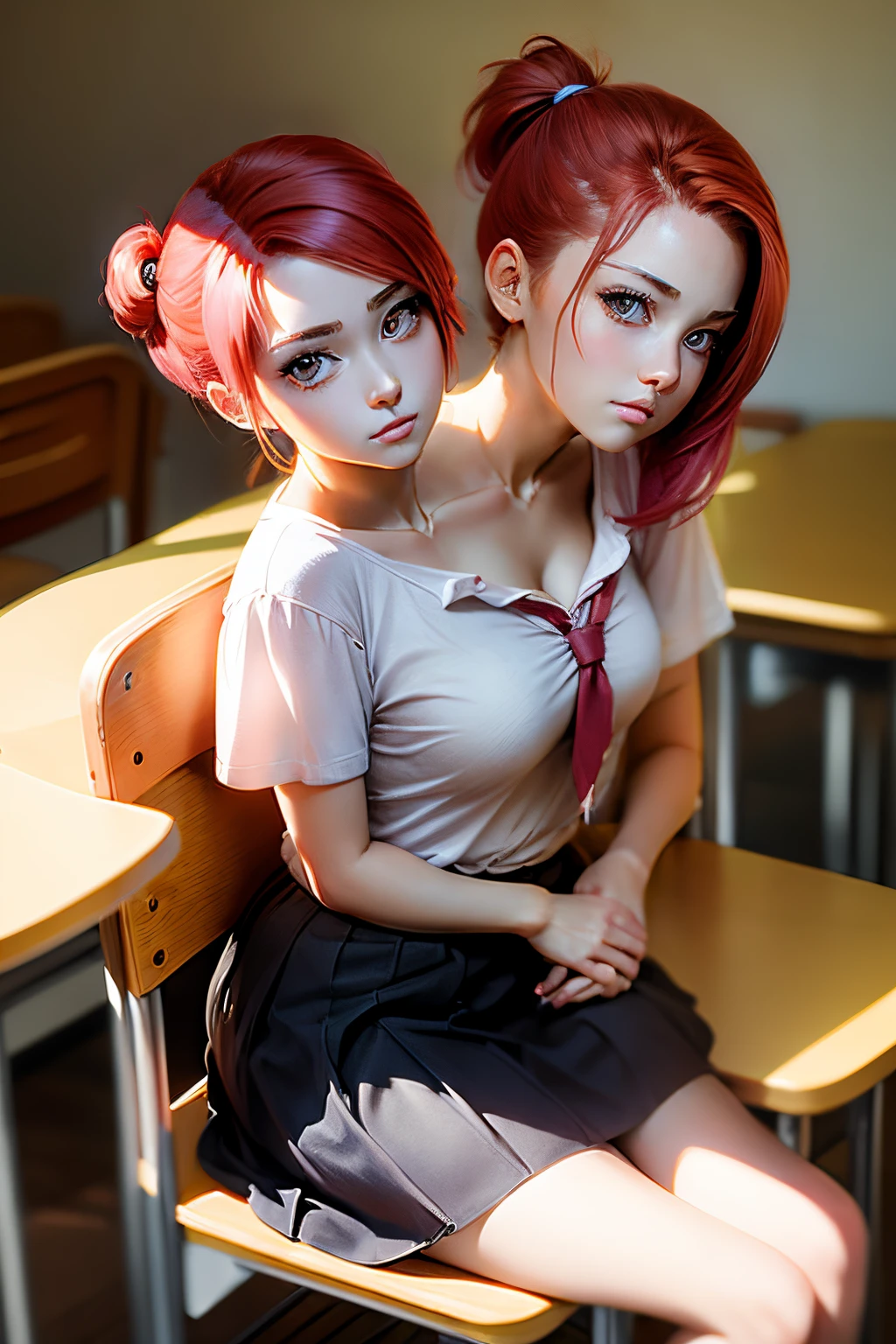 (masterpiece, best quality), best resolution, (2heads:1.5), 1girl, conjoined, expressive eyes, perfect faces, short vibrant red-pink hair with a little ponytail, red-pink eyes, slightly oversized white with chest pocket elbow-length clean whitehigh school shirt tucked into a school black skirt, sitting at chair, high res, ultrasharp, 8K, masterpiece, looking at viewer, anime style, semi-realistic style, side view