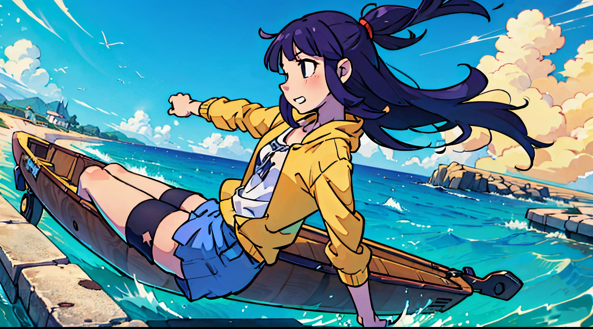 Anime girl in yellow jacket sitting on a boat in the ocean - SeaArt AI