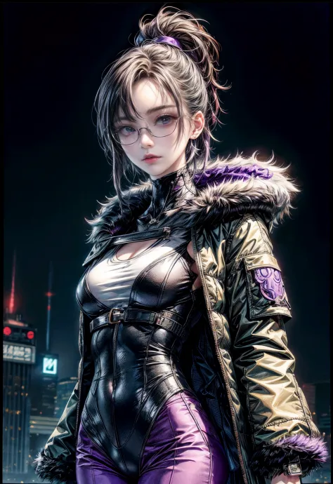 Cinematic lighting,super detailed skin、Beautiful detailed eyes、Best Quality,cyberpunked,(Alternative、dim colors, Soothing tones、Perfect Anatomy:1.3),(1beautiful woman、Detailed beautiful facial features:1.3)（black hair shorthair、eye glass:1.5）well-shaped br...