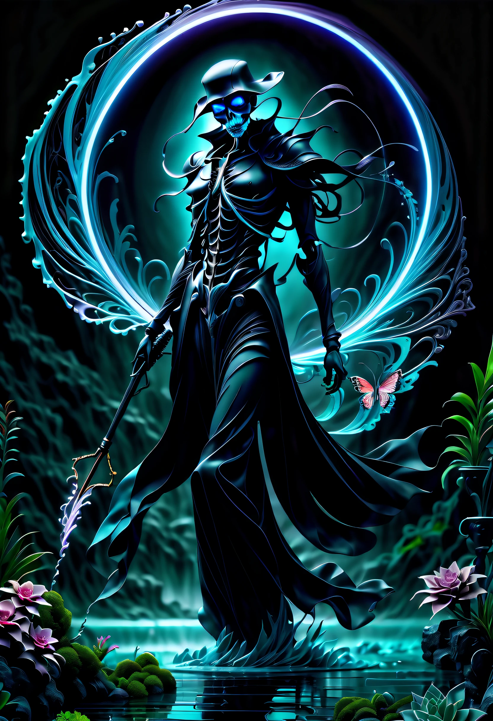 (((dark cyan black_Light painting with dazzling detail and texture art:1.3))), (((beautiful gothic horror、It&#39;s a Grim Reaper that has been holding for a long time.。_large Scythe:1.3))), (((1 piece of swallowtail butterfly with plenty of glittering scale powder:1.2))), (((To a juicy planet:1.3))), (((Seamless insane fusion design:1.4))), great atmosphere pose, (((Black_Light style with great rendering:1.4))), (((Illustration of different styles of top and bottom art:1.3))), (((Under the dark_Color_Water tornado due to upper radiation and release:1.6))), All capture beautiful details Black_light glow, (((beautiful detail black_light_Shine and dim glow behind:1.3))), Mysterious beauty, elegant twist, Swirls and sparkling glass, Dim lighting, (((high contrast resolution:1.1))), (((Delicate touch:1.5))), (((pop splash succulent neon_Hazy glow_garden background details:1.1))), (((Intricate details:1.3))), (((fantasy fairy illustration:1.2))), matte paint, mezzotint, detailed gouache painting, heavy stroke mix, ((Eternity and dark fantasy wishes:1.1)), (((Exquisitely clear details:1.4))), (((true masterpiece:1.4))), UHD drawing,