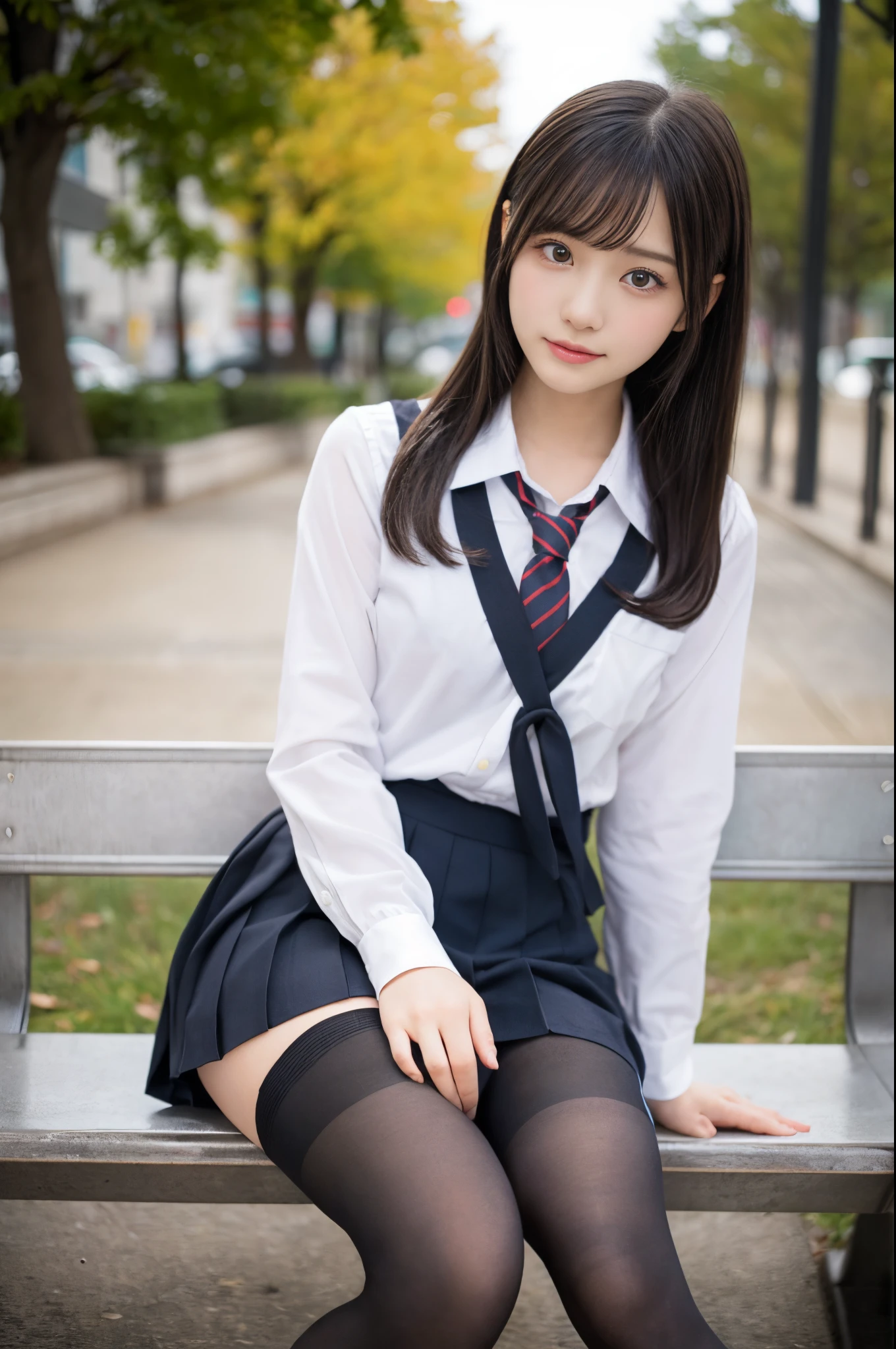 Arafed asian woman in a school uniform sitting on a bench - SeaArt AI