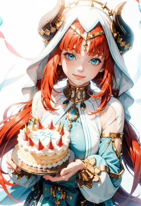 1 girl solo, red hair, teal eyes, blue and white flowy clothes, golden accessories, black horns, iridescent light, glowing, hapy...