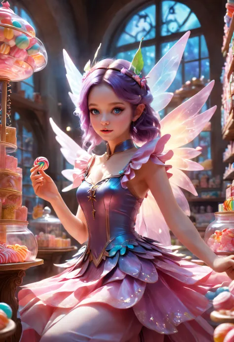 "Beautiful candy girl, little fairies help her in a fairy candy shop , fantasy , mystic , realistic photography , high detail , ...