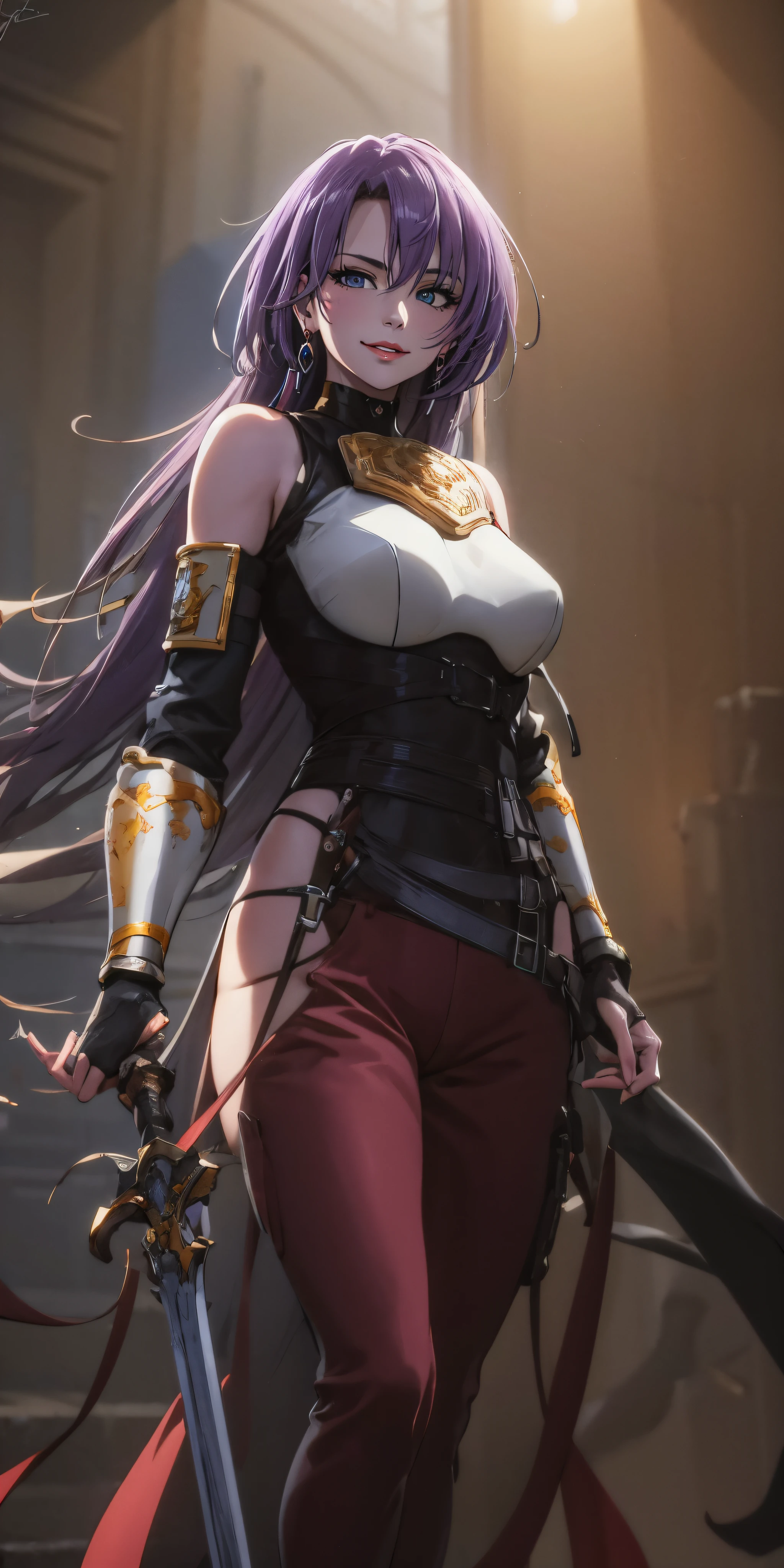 anatomically correct, best quality, masterpiece, high quality, high details, highres, HD, (shaded face:1.2), hollow eyes, purple eyes, looking at viewer, seductive smile, lips, purple hair, long hair, hip vent fingerless gloves bare shoulders belt red pants breastplate, a woman dressed in armor holding a sword, concept art, by Yang J, anime girl wearing a black dress, phone background, from girls frontline, stanley artgerm lau