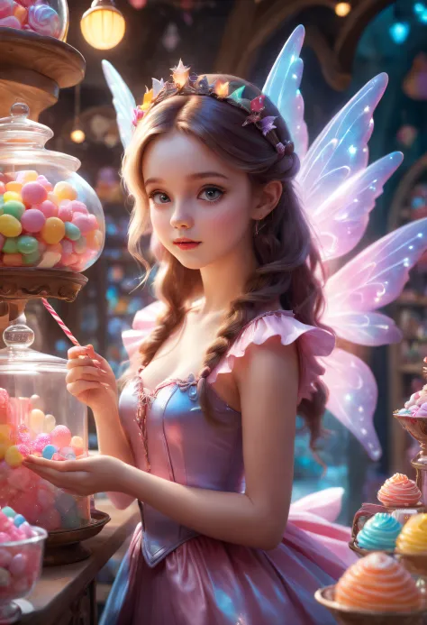 "Beautiful candy girl, little fairies help her in a fairy candy shop , fantasy , mystic , realistic photography , high detail , digital painting , cinematic , stunning , hyper-realistic , sharp focus , high resolution 8k , insane detailing"