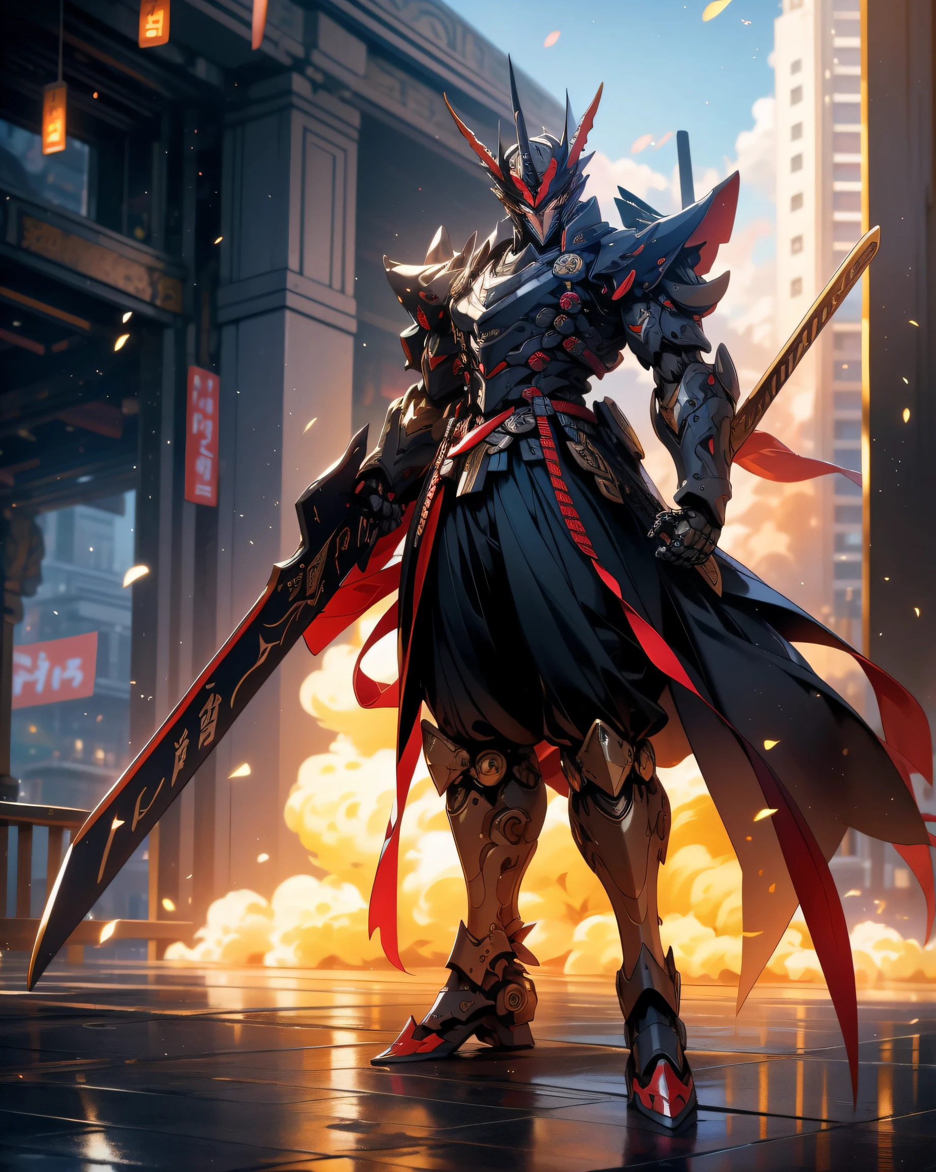 super wide shot, Full body frontal photo,Mecha male warrior，Three Kingdoms heroes painting style,《Mech color: frotting、Dark series》，（《romance of three kingdoms》，《Lü Bu》，Hold Fang Tianji in your hand，），（Full body mecha）, 《the first god》Ke Qingyu, (tmasterpiece) ， Best quality at best， high high quality，Gold armor，电影灯光， （Exquisite future）， Beautiful and beautiful， ultra - detailed， great composition， floating， depth of fields， （VerydetailedCG，Unity 8k壁纸）， （Beautiful detail background）， dramatic lights， Gogita， mechs，Best quality at best，Ultra-high 8K Ultra HD，digital SLR camera，high high quality，Film grain resolution，