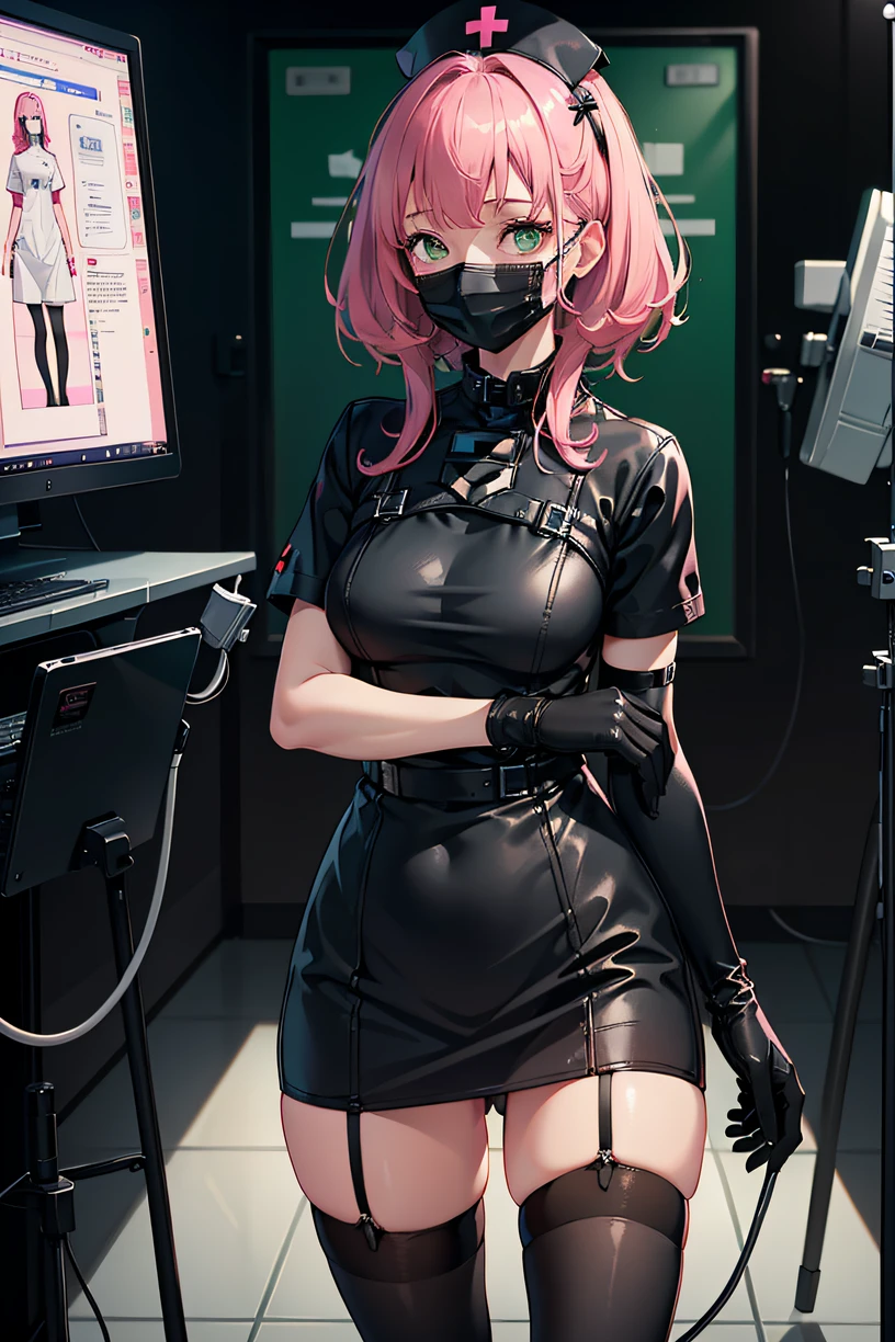 black nurse, 1girl, solo, black nurse cap, black wear, ((black legwear, zettai ryouiki)), black elbow gloves, pink hair, green eyes, drooping eyes, ((black surgical mask, covered nose)), standing, ((surgery room)), sharp outline, short sleeves, best quality, masterpiece