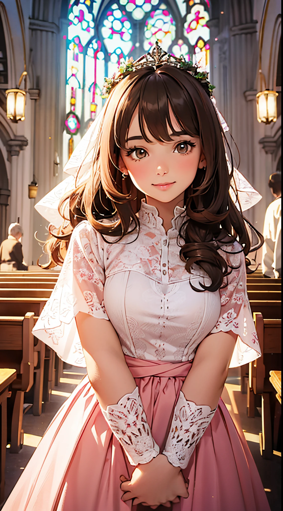 (best quality,4k,8k,highres,masterpiece:1.2),young girl,ultra-detailed,realistic,beautiful detailed brown eyes,beautiful detailed brown wavy hair, extremely detailed face with a smile,caucasian girl,long eyelashes,(curvy girl:1.2),brown wavy hair,caucasian girl,stand in the church,wearing a wedding (light [pink|orange:0.5]) colored dress, flower crown on the head