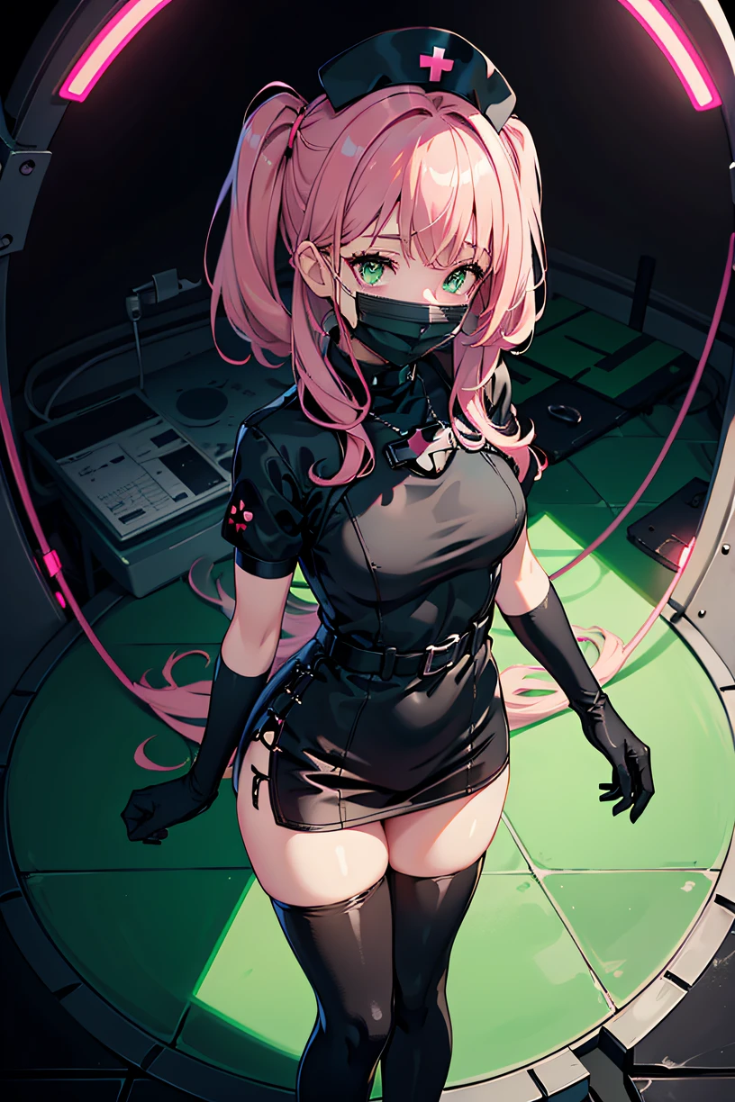 black nurse, 1girl, solo, black nurse cap, black wear, ((black legwear, zettai ryouiki)), black elbow gloves, pink hair, green eyes, drooping eyes, ((black surgical mask, covered nose)), standing, ((surgery room)), sharp outline, short sleeves, best quality, masterpiece