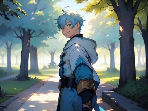 Boy, light blue hair, smile, in the park

Best quality