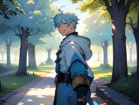 boy, light blue hair, smile, in the park

best quality