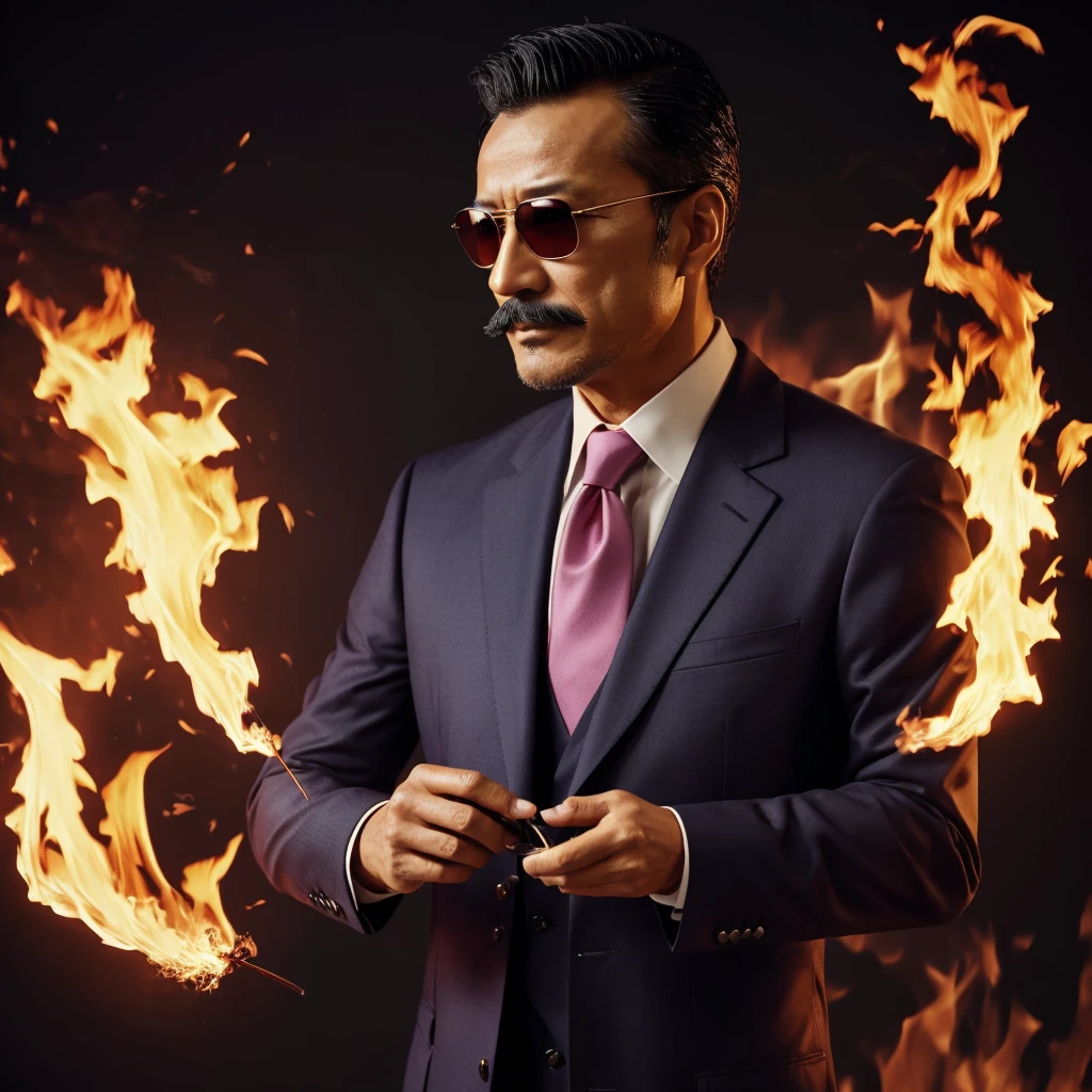 55 years old，Hidetoshi Nakata ，（Kogoro Mouri 1.3), A man in a suit, necktie, Ray ban sunglasses, tong, mustache，little beard，wizard, can manipulate fire, fire in pink colour, pin flame, pin colour of fire effect, masterpiece，4k hd