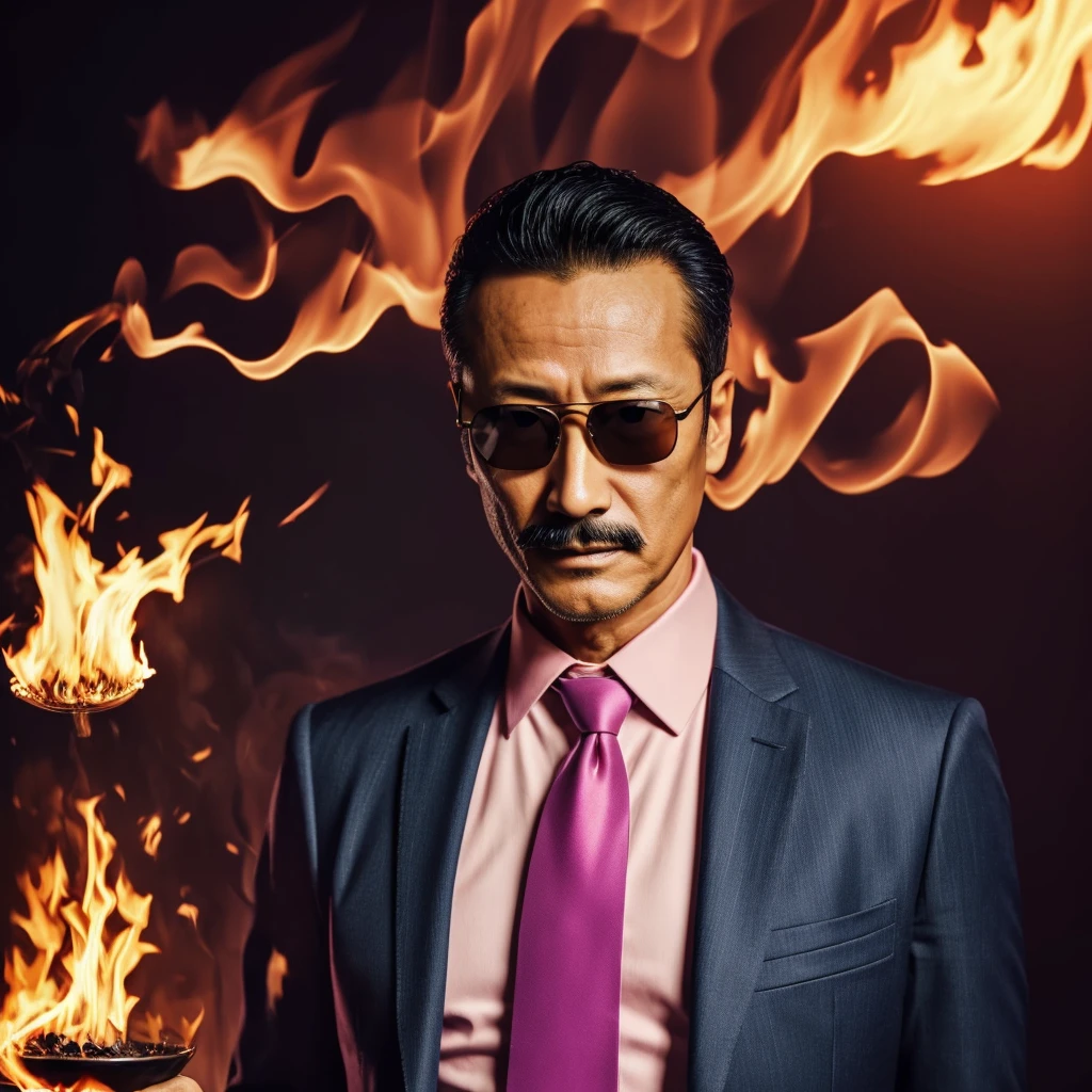 55 years old，Hidetoshi Nakata ，（Kogoro Mouri 1.3), A man in a suit, necktie, Ray ban sunglasses, tong, mustache，little beard，wizard, can manipulate fire, fire in pink colour, pin flame, pin colour of fire effect, masterpiece，4k hd