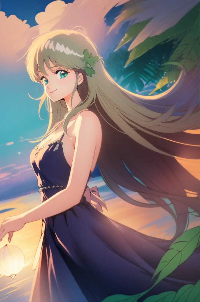 Madoka Ayukawa, Delicate beautiful CG artwork),(Best Quality, Ultra-detailed, High resolution),(Dynamic Angle, Dynamic lighting),(1 character),(Long pink and blonde hair), Blue eyes, Beautiful face), 1 girl, (Long sideburns, Plants, Smile, Long Blue Dress, 3 d, ocean, Water, beach balls, seashells, Sunny, Windy