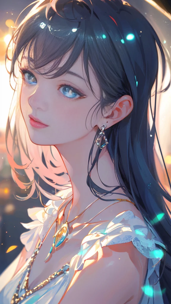 masterpiece, best quality, illustration, sax blue, platinum earrings, platinum necklace, white dress, 1girl, cute, (dynamic lighting:1.2), cinematic lighting, delicate facial features, detailed eyes, sharp pupils, realistic pupils, depth of field, bokeh, sharp focus, (hyper-detailed, bloom, glow:1.4), many small gems