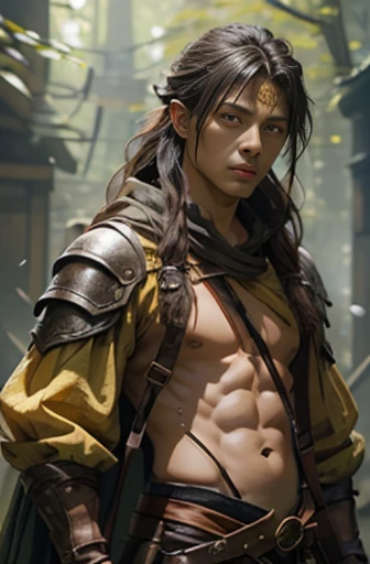 Handsome men ,RPG、Small eyes、tied up long hair、fantasy style clothing、yellow outfit、wearing a long yellow bandana、Black hair、You can also see some abdominal muscles、Clothes that are small in size