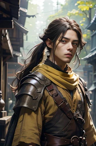 Handsome men ,RPG、Small eyes、tied up long hair、fantasy style clothing、yellow outfit、wearing a long yellow bandana、Black hair、nabel、Small size of clothes